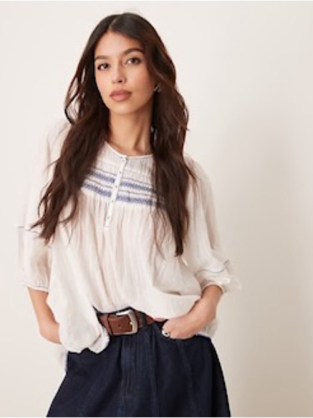Free People White blue Embroidered Peasant Blouse boho cottagecore top oversize